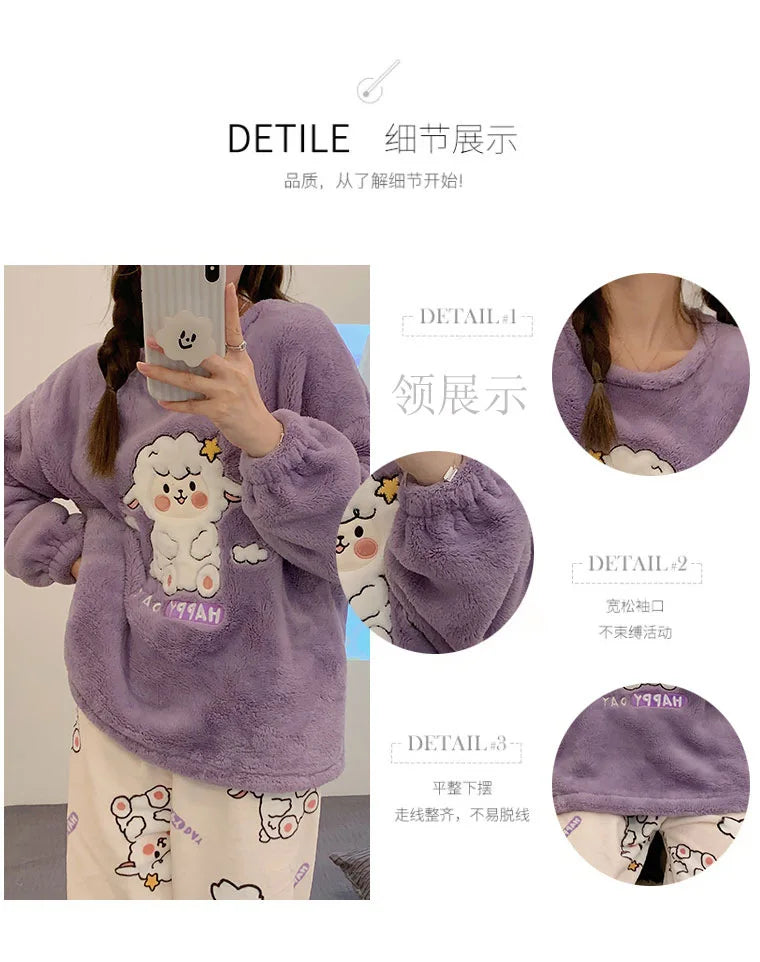 Winter Cute Duck Flannel Pajamas Set for Women Kawaiii Pattern Teddy Sleepwear for Girl Fashion Pullover Velvet Woman&