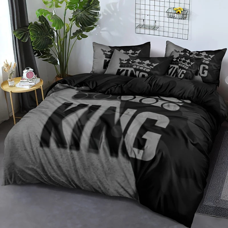 Duvet Cover Set 3 Pcs of Grey and Black King Size Bed Pattern Down Duvet Cover Set, Soft and Comfortable Decorative Bedding Set