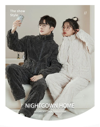 Couple Pajamas Set Autumn Winter Flannel Long Sleeve Zipper Long Plush Sleepwear Suit Men Nightcloth Thick Velvet Thermal Women