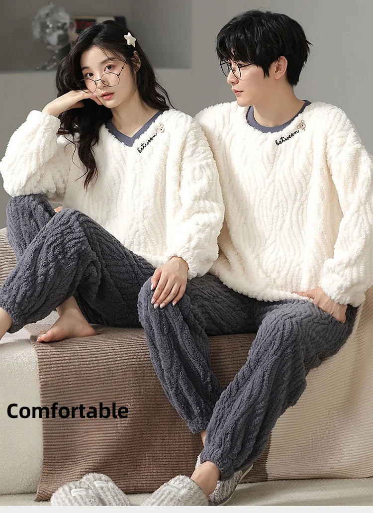 Couple Pajamas Winter Autumn Velvet Loose Thickened Warmer Home Clothing Wearable Suit Solid Color Simple Stripes Sleewear