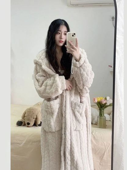 Pocket Robe for Women Sleepwear Winter Nightdress Night Wears Warm Fleece Pajama One Piece Nightgown Hooded Sleeping Homewear