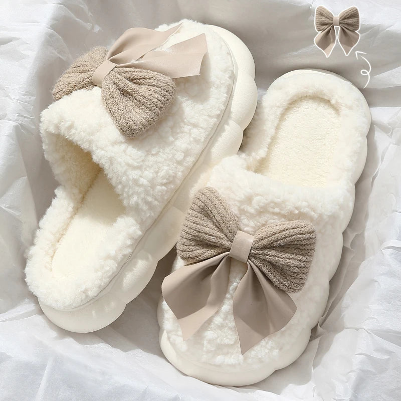 Big Bow Cute Plush Slippers QYCKABY 2024 New Winter Women Funny Elegant Fur Cotton Slippers Casual Warmth Indoor Floor Home Shoe