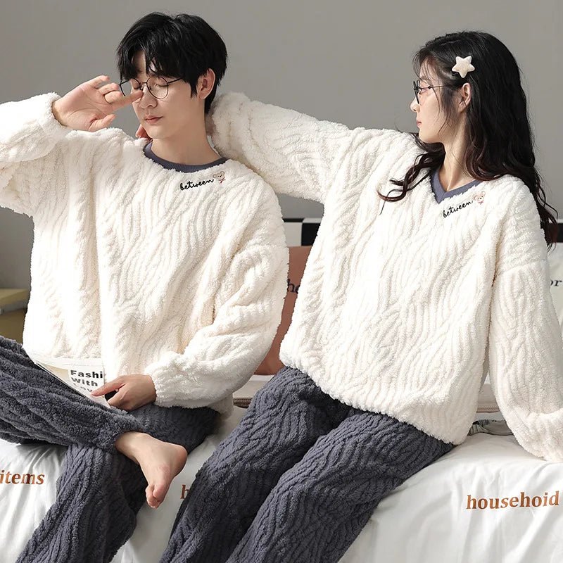 Couple Pajamas Winter Autumn Velvet Loose Thickened Warmer Home Clothing Wearable Suit Solid Color Simple Stripes Sleewear