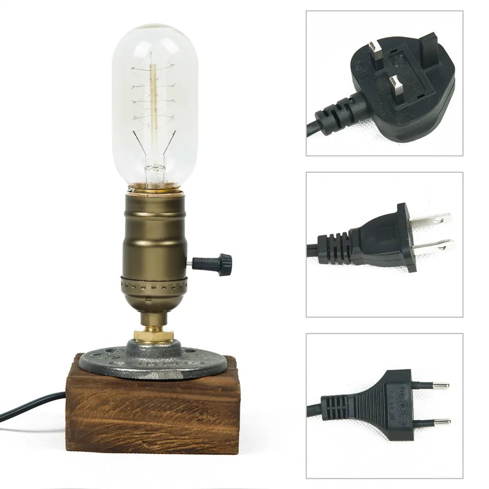 Industrial LED Table Lights With Switch  Wood Desk Lamp Retro Home Decor Creative Art Gift Night Light