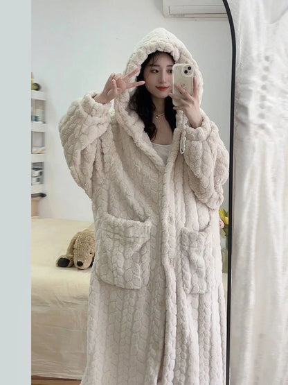 Pocket Robe for Women Sleepwear Winter Nightdress Night Wears Warm Fleece Pajama One Piece Nightgown Hooded Sleeping Homewear