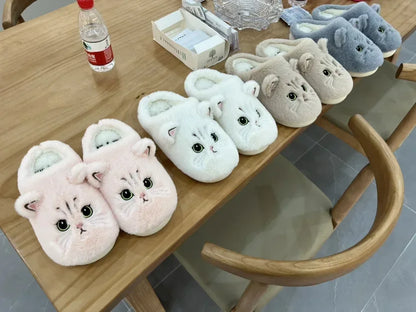 Cute Cat Slippers Fluffy Furry Women Home Platform Slippers Men Winter Plush Slides Indoor Fuzzy Slippers Lovely Cotton Shoes