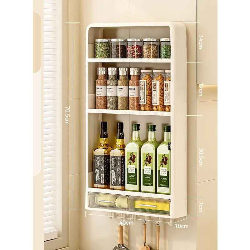 Wall Mounted Kitchen Storage Rack with Drawer Large Capacity Food Spice Oil Seasoner Jars Organizer Box Home Hanging Holder