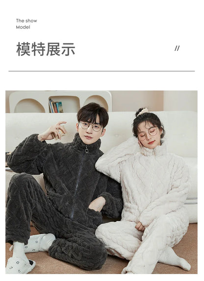 Couple Pajamas Set Autumn Winter Flannel Long Sleeve Zipper Long Plush Sleepwear Suit Men Nightcloth Thick Velvet Thermal Women