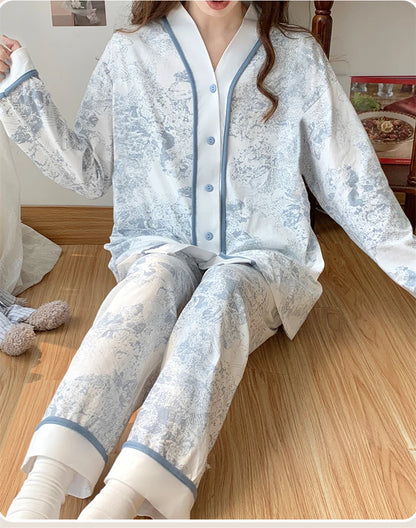 Autumn Spring New Blue Jungle Print Elegant Woman Pajamas Set Fashion Kimono Cardigan Sleepwear Faux Cotton Long Sleeves Pijamas