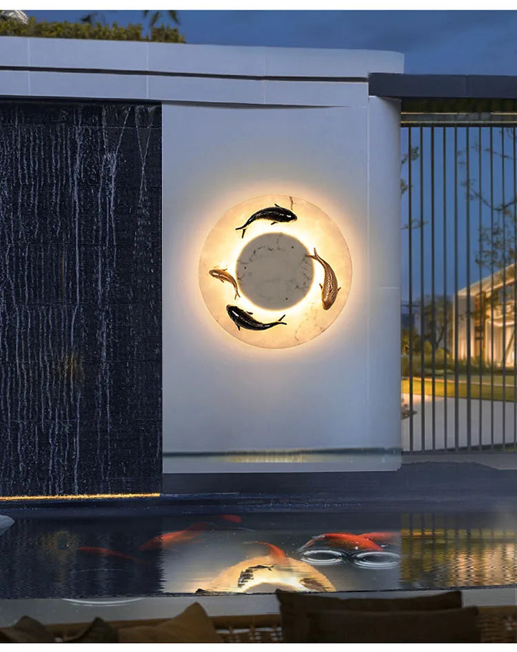 Modern Imitated Marble LED Wall Light Round Artificial Fish AC85~265V Chinese Style Porch Lamp For Garden Courtyard Path Adorn