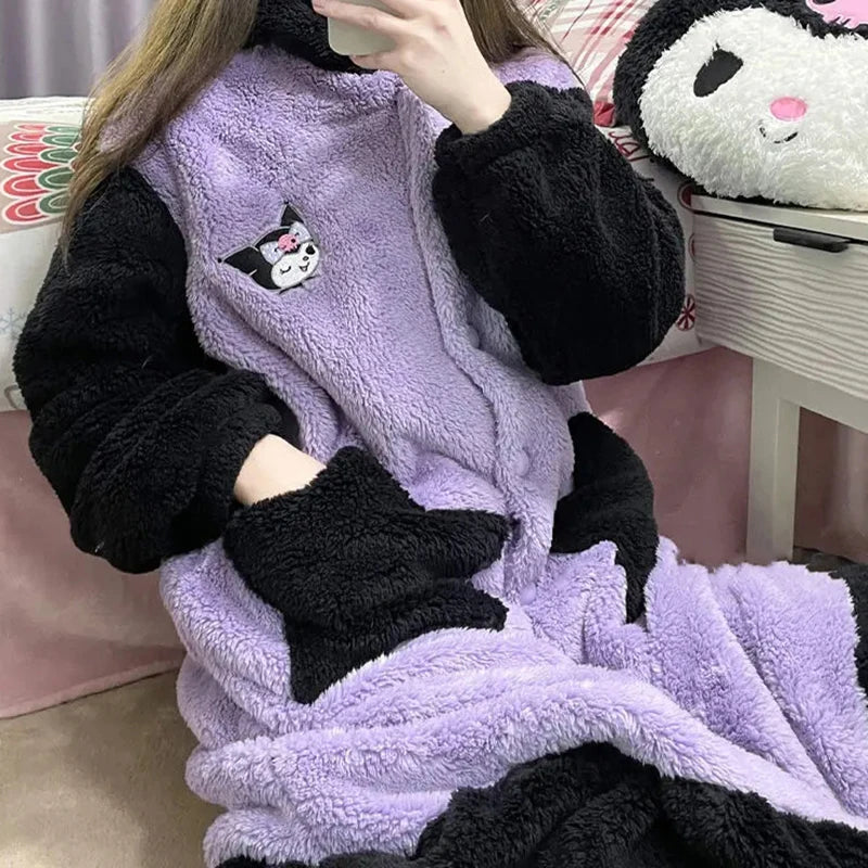 Sanrio Kuromi My Melody Kawaii Pajamas Women Cartoon Plush Oversize Autumn Winter Thicken Sweet Girl Long Pajama Home Clothes