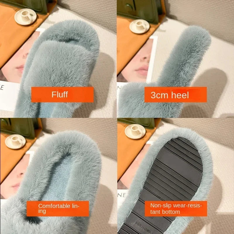 Fluffy Winter Warm Home Fur Furry Slippers Women Plush Shoes Indoor House Fuzzy Flip Flops Female Padded Fleece Living Bedroom