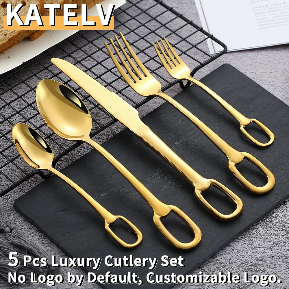 5Pcs Luxury Tableware Set tainless Steel Knife Fork Spoon Cutlery Set Elegant Dinnerware Set Hangable Design Customizable Logo