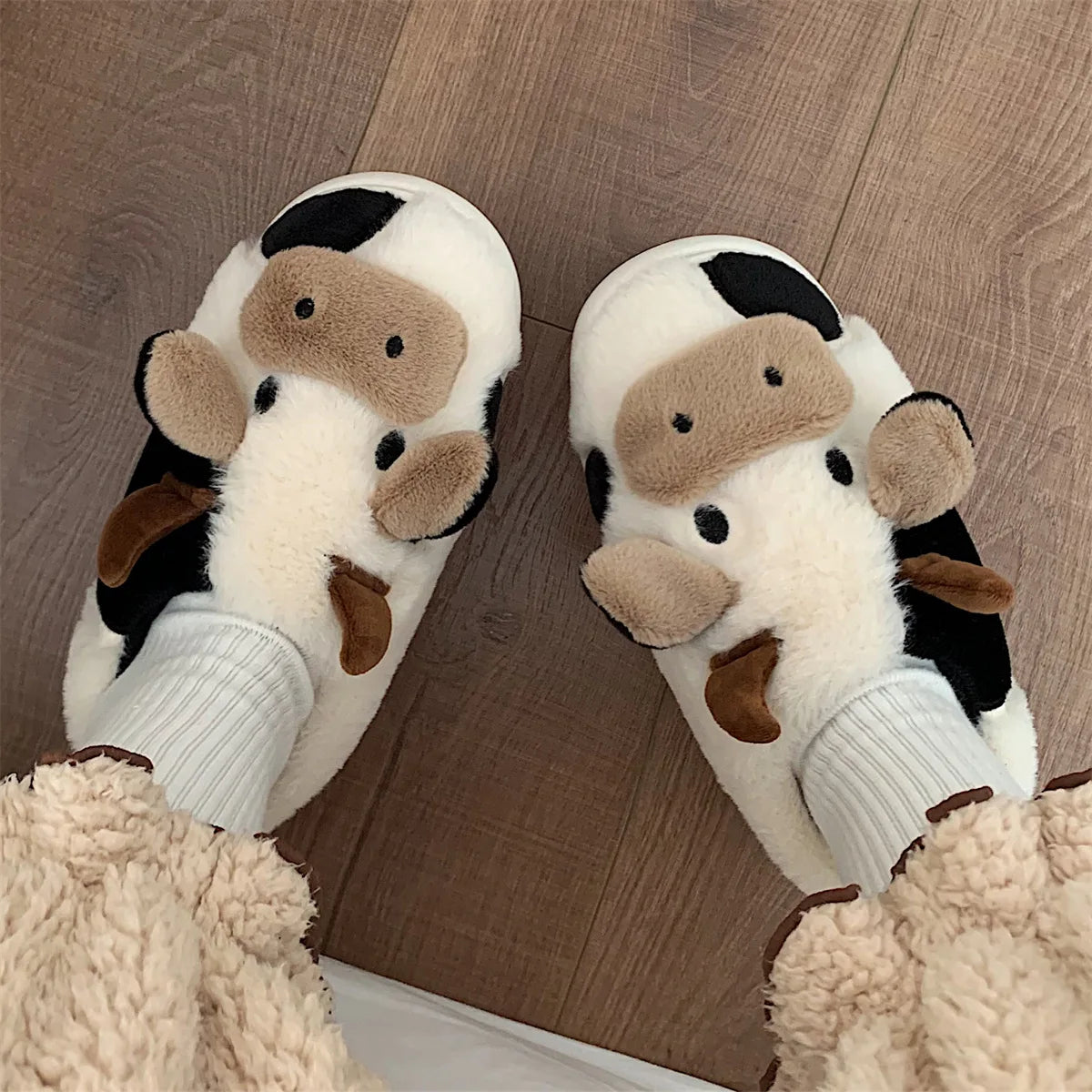 LItfun Fashion Winter Cotton Slippers Women Plush Lining House Slippers Lovely Milk Cow Women Slippers Fluffy Fuzzy Women Slides