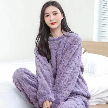 Kawaii Women Pyjamas Sets  Autumn Winter Warm Flannel Thick Homewear Long Sleeve Cartoon Sleepwear Female Pajamas Suit 2 Piece