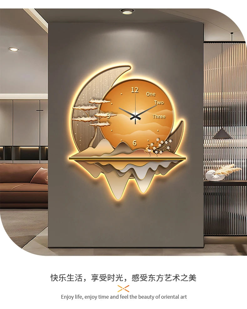 Light luxury restaurant decoration painting creative clock wall lamp 2024 new living room clock silent background wall clock