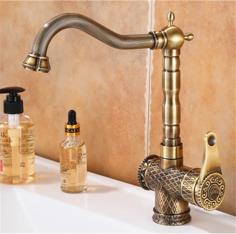 Basin Faucets Antique Bronze Bathroom Faucet Hot &amp; Cold Brass Bathroom Sink Faucet Deck Mounted Lavotory Faucet  Kitchen  Tap