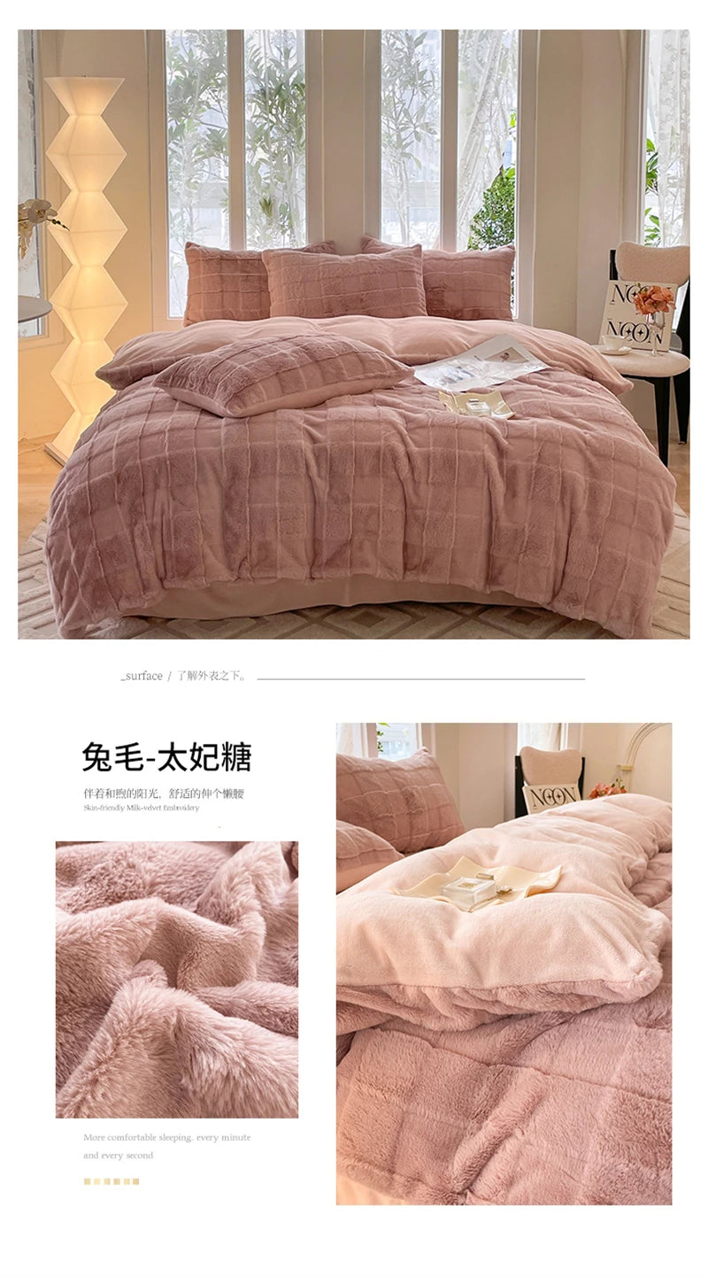 Faux Rabbit Fur Autumn Winter Warm Bedding Set Plush Skin Friendly Breathable Warmth Duvet Cover Set Queen Cozy Quilt Cover Sets