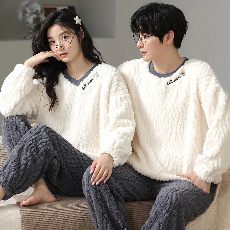 Couple Pajamas Winter Autumn Velvet Loose Thickened Warmer Home Clothing Wearable Suit Solid Color Simple Stripes Sleewear