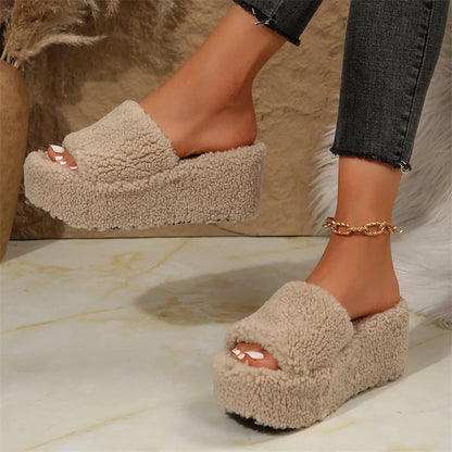 Autumn Winter Wedge Fluffy Slippers Woman 2024 New Home Fur Slippers for Women Chunky Platform Slides Cozy Fuzzy Indoor Shoes